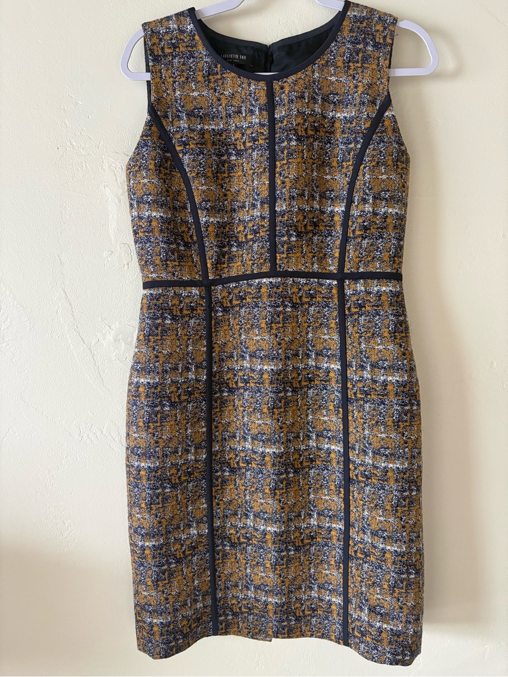 Lafayette 148 New York Mustard and Navy Wool Blend Tweed Sheath Dress